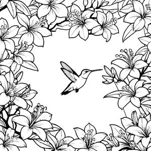 Verspielter Kolibri im Blütenkranz Ausmalvorlage für mutige Blumenkinder