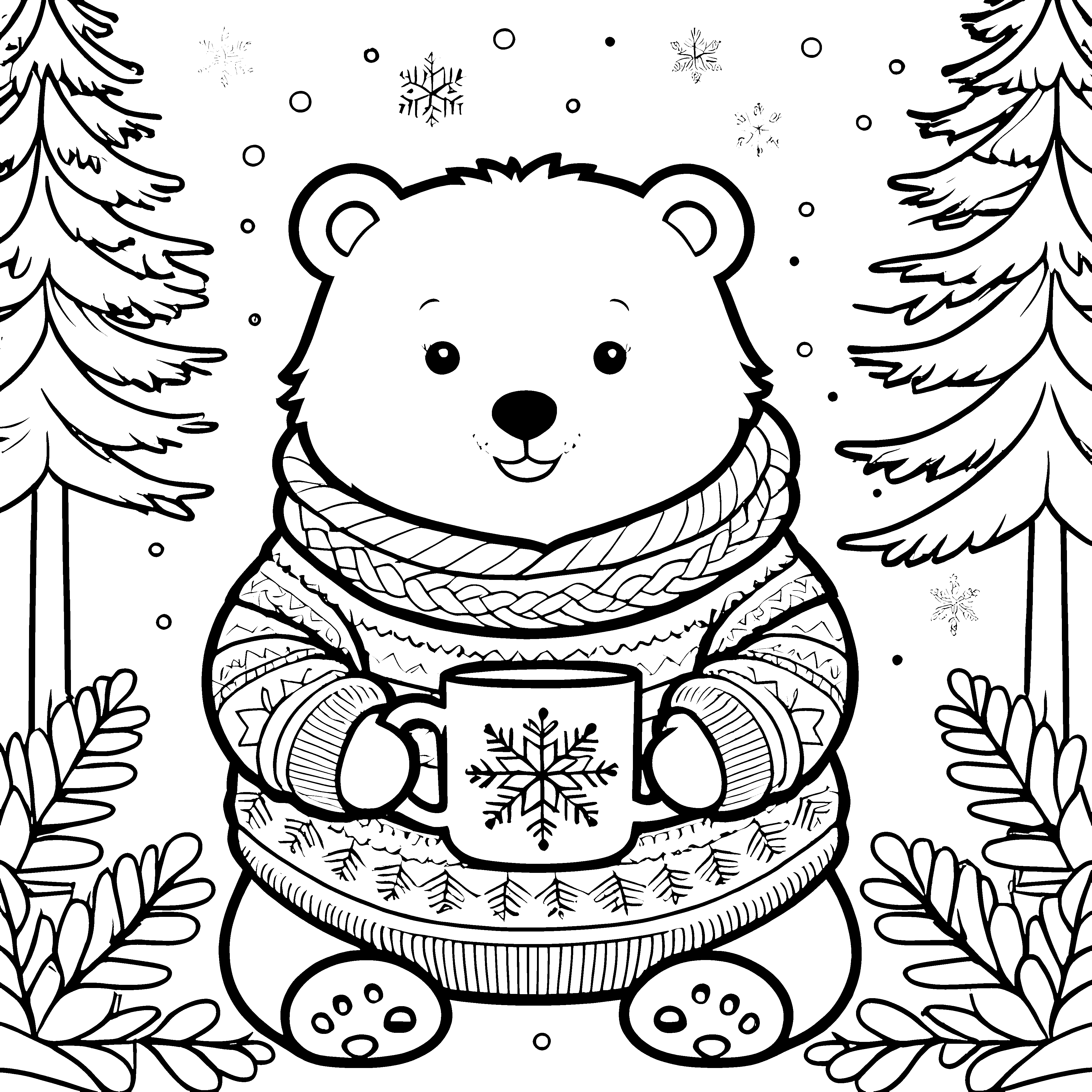Kuscheliger Bär mit Tasse Ausmalvorlage für malfreudige Winterkinder