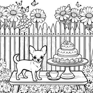 Festliche Chihuahuas mit Torte Ausmalvorlage für fröhliche Gartenbesucher