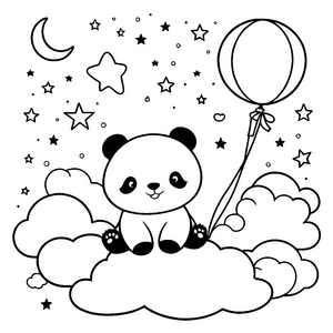 Magischer Panda mit Ballon Ausmalvorlage für verträumte Wolken