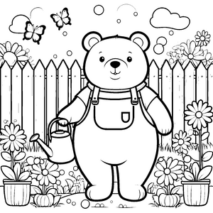 Ruhiger Kawaii Bär mit Gießkanne Ausmalvorlage für kleine Gartenfreunde