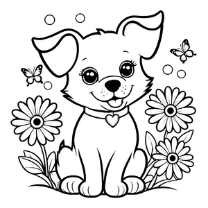 Herzlicher Kawaii-Hund mit Herzanhänger Malbild für malfreudige Schmetterlingsfans