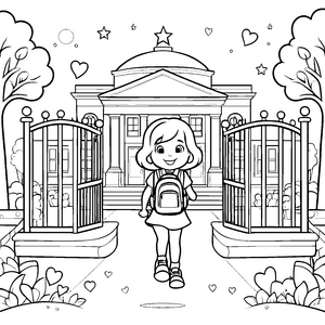Niedliches Schülchen vor dem Tor Malvorlage für verträumte Schulkinder