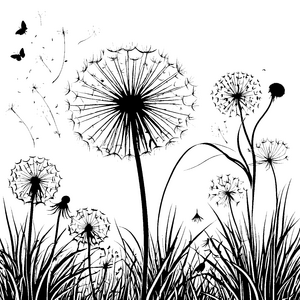 Flauschige Pusteblumen mit Schmetterlingen Malvorlage für kleine Blumenstaubchen