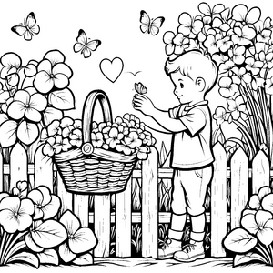Verspielte Veilchen mit Korb Malvorlage für kleine Gartenfreunde