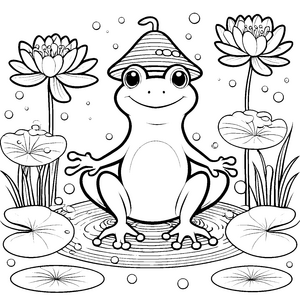 Süßer Kawaii-Frosch mit Hut und Seerosen Bastelmotiv für kleine Wasserputzer
