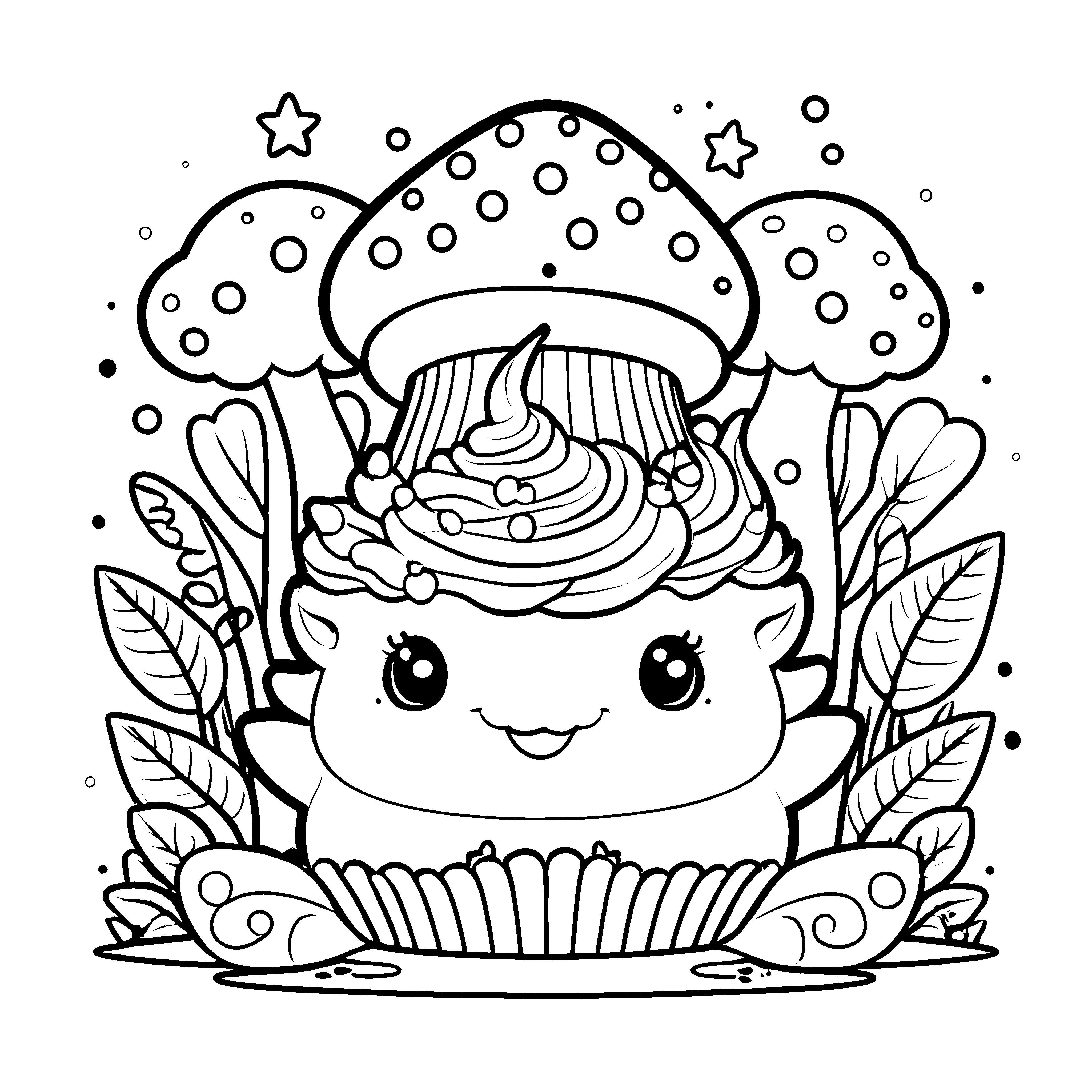 Niedliches Kawaii Axolotl mit Sahnehaube Ausmalbild für kleine Waldtierfreunde