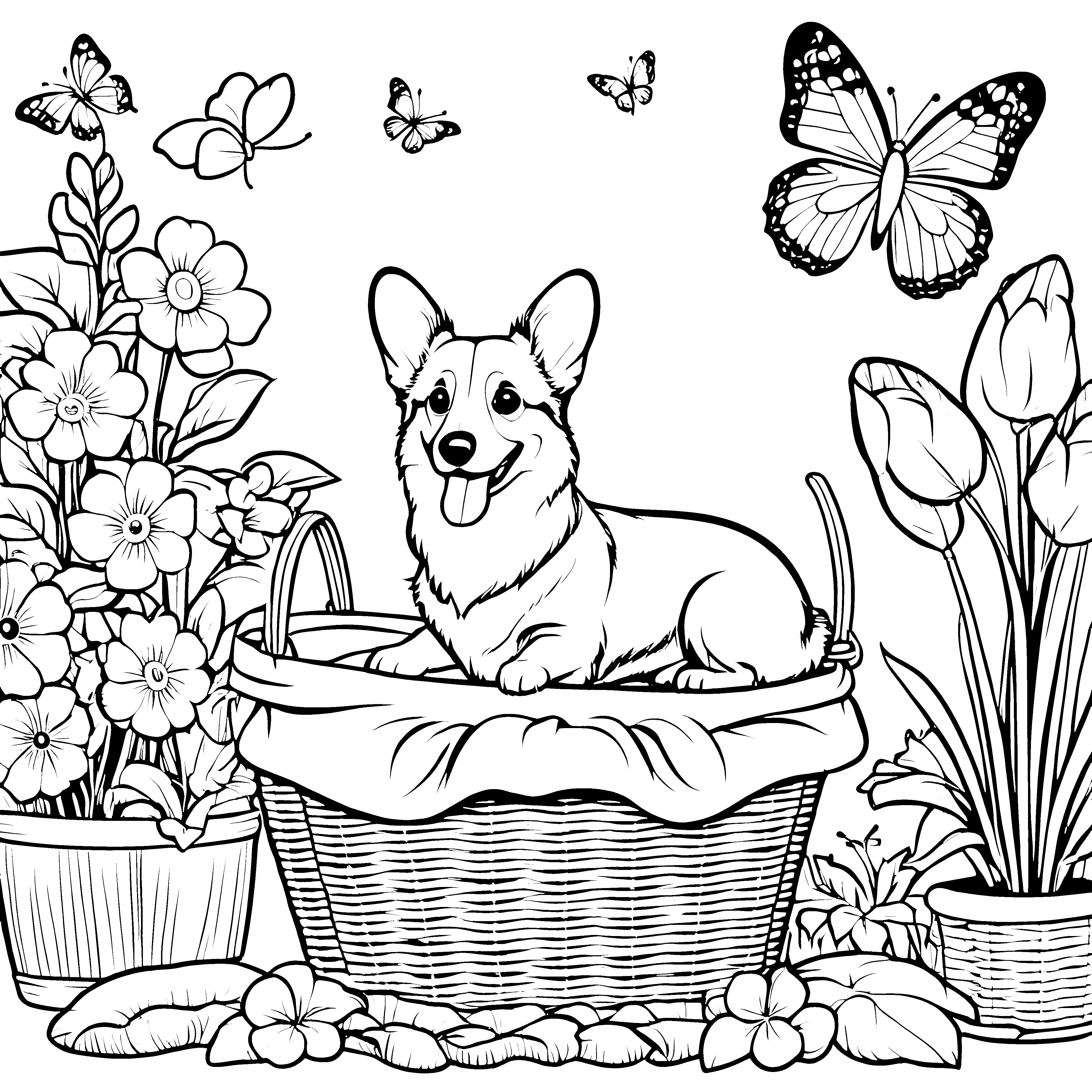 Gemütlicher Corgi im Blumenkorb Malbild für Naturkinder