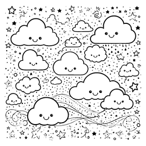 Verspielte Kawaii-Wolken mit Sternen Ausmalvorlage für kleine Himmelsfreunde