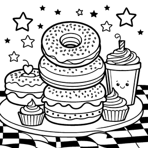 Appetitlicher Kawaii-Donut-Turm Ausmalbild für kleine Naschwunder