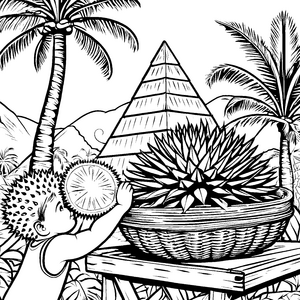 Witziges Durian-Kind mit Pyramide Malvorlage für kreative Abenteurer