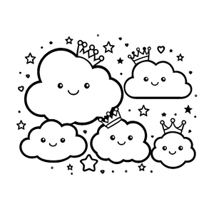 Kronengekrönte Kawaii-Wolken mit Sternen Bastelmotiv für kleine Himmelsprinzessinnen