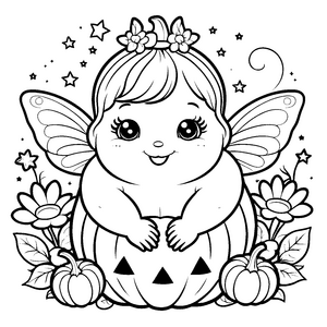 Verspielte Kawaii-Fee im Kürbis Ausmalvorlage für neugierige Herbstfreunde
