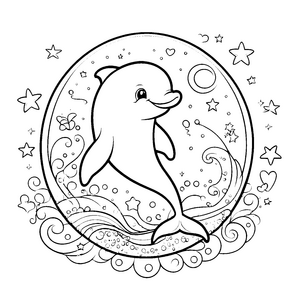 Herzlicher Kawaii-Delfin mit Mondsichel Malbild für kleine Sternengucker
