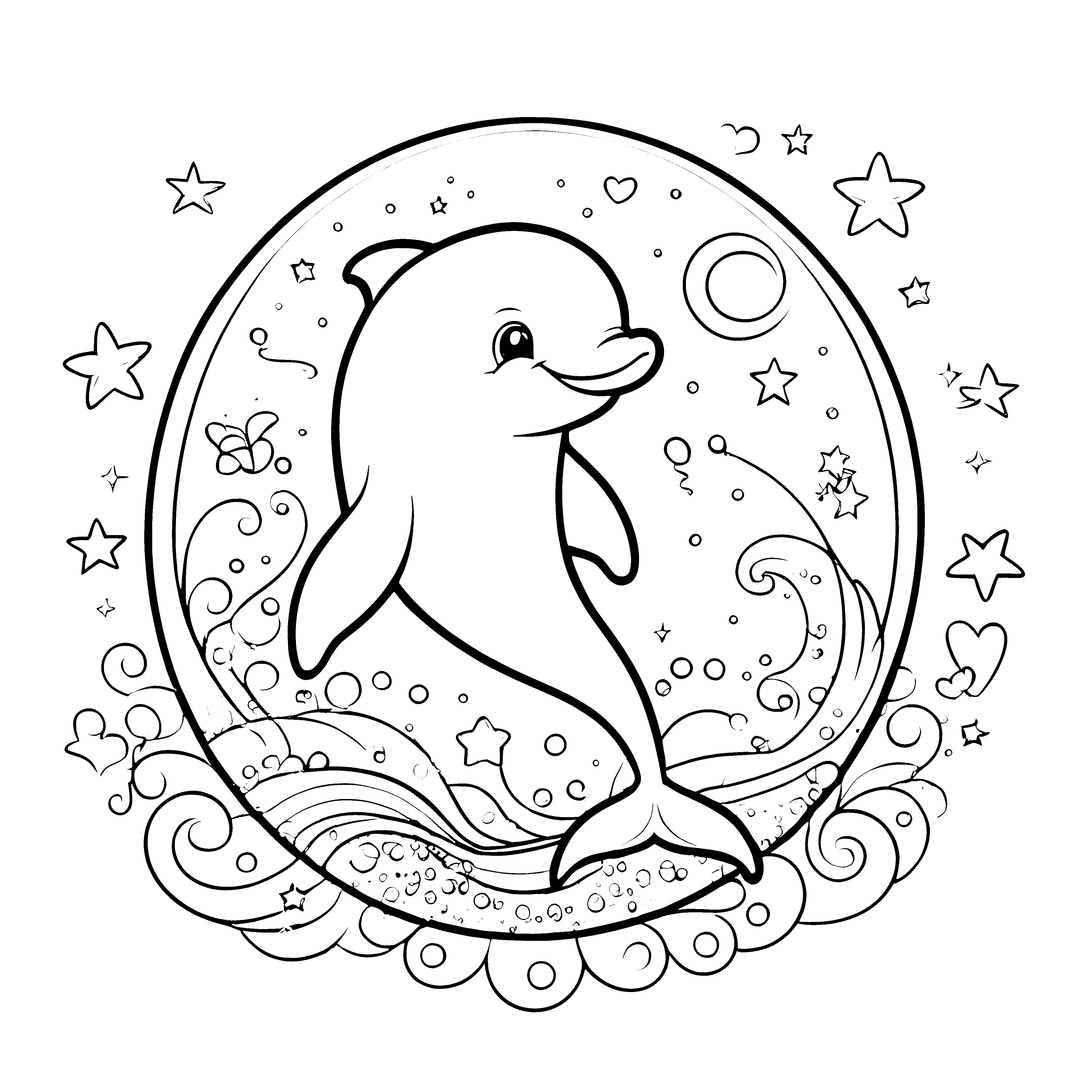 Herzlicher Kawaii-Delfin mit Mondsichel Malbild für kleine Sternengucker