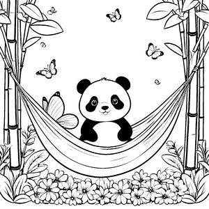 Entspannter Panda in der Hängematte Ausmalvorlage für kleine Schmetterlingsfreunde