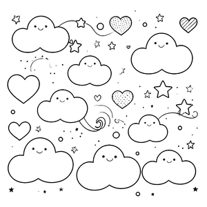 Niedliche Kawaii-Wolken mit Sternen Ausmalvorlage für Himmelsträumer