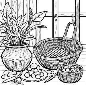 Üppige Yacon-Pflanze mit Korb Bastelmotiv für kreative Gartenfreunde