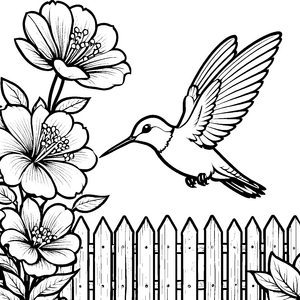 Flinker Kolibri an großen Blüten Ausmalbild für malfreudige Gartenfreunde