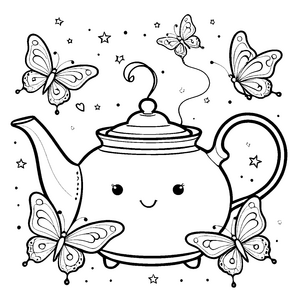 Fröhliches Teekännchen mit Kawaii-Schmetterlingen Ausmalvorlage für Teetrinker