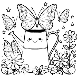 Verspielte Kawaii Schmetterlinge an der Gießkanne Ausmalbild für kleine Gartenfreunde