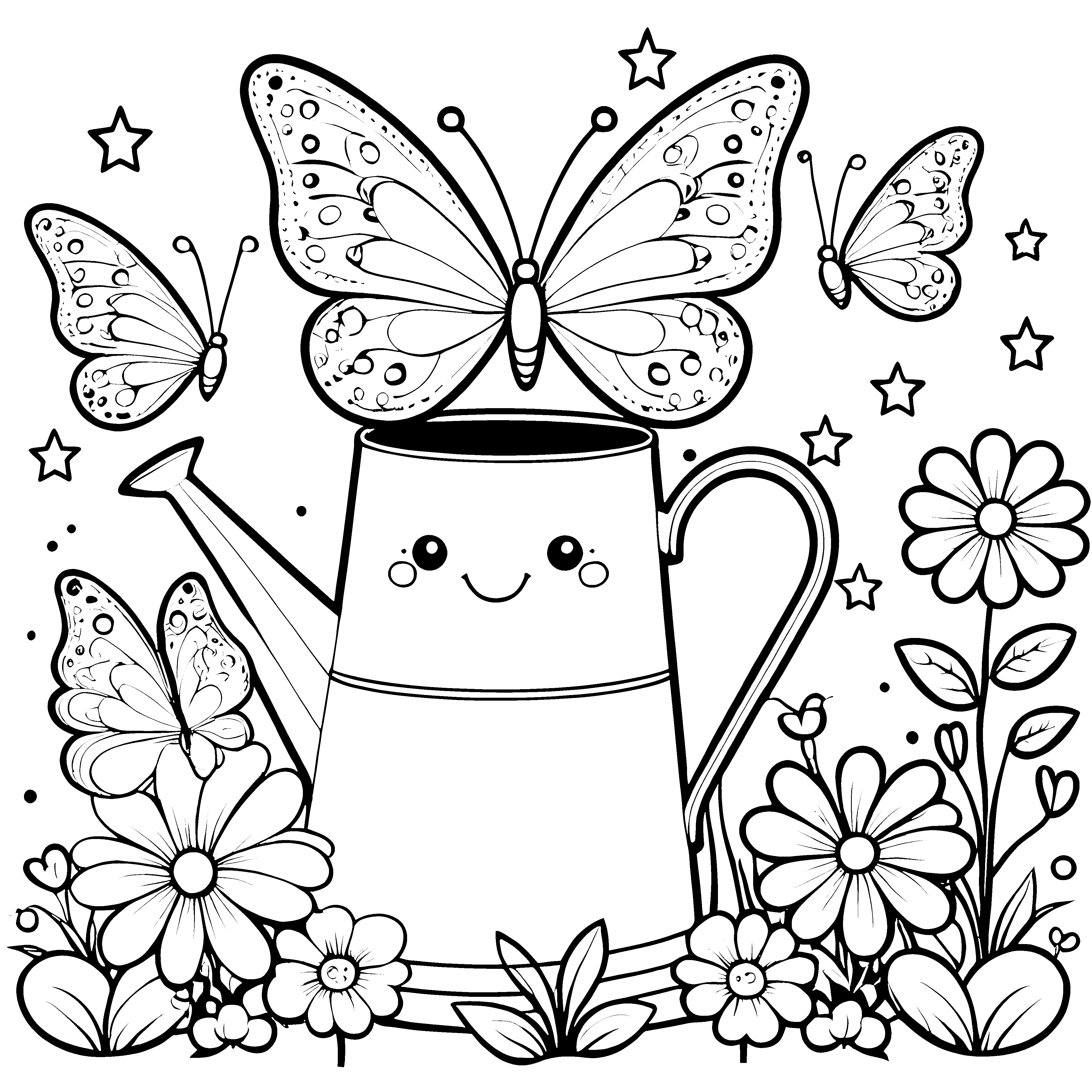 Verspielte Kawaii Schmetterlinge an der Gießkanne Ausmalbild für kleine Gartenfreunde
