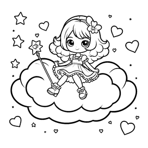 Märchenhaftes Kawaii-Mädchen mit Zauberstab Ausmalbild für Träumer