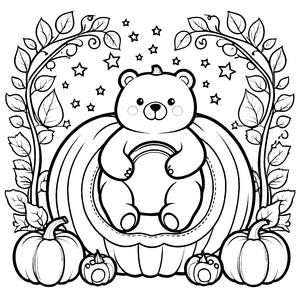 Bezauberter Kawaii Teddybär in Kürbisschale Malbild für neugierige Kürbisfreunde