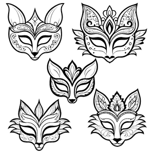 Prunkvolle Blumenmasken mit Schnörkeln Ausmalbild für verträumte Festfreunde