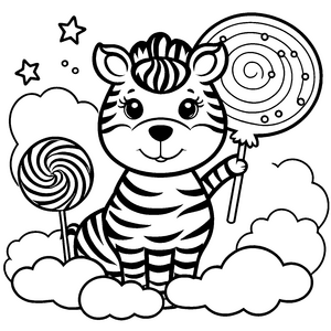 Verspieltes Kawaii-Zebra mit Zuckerstange Bastelmotiv für verträumte Wolkenfreunde