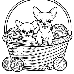 Süße Chihuahuas im Wollkorb Malvorlage für neugierige Wollknäueljäger
