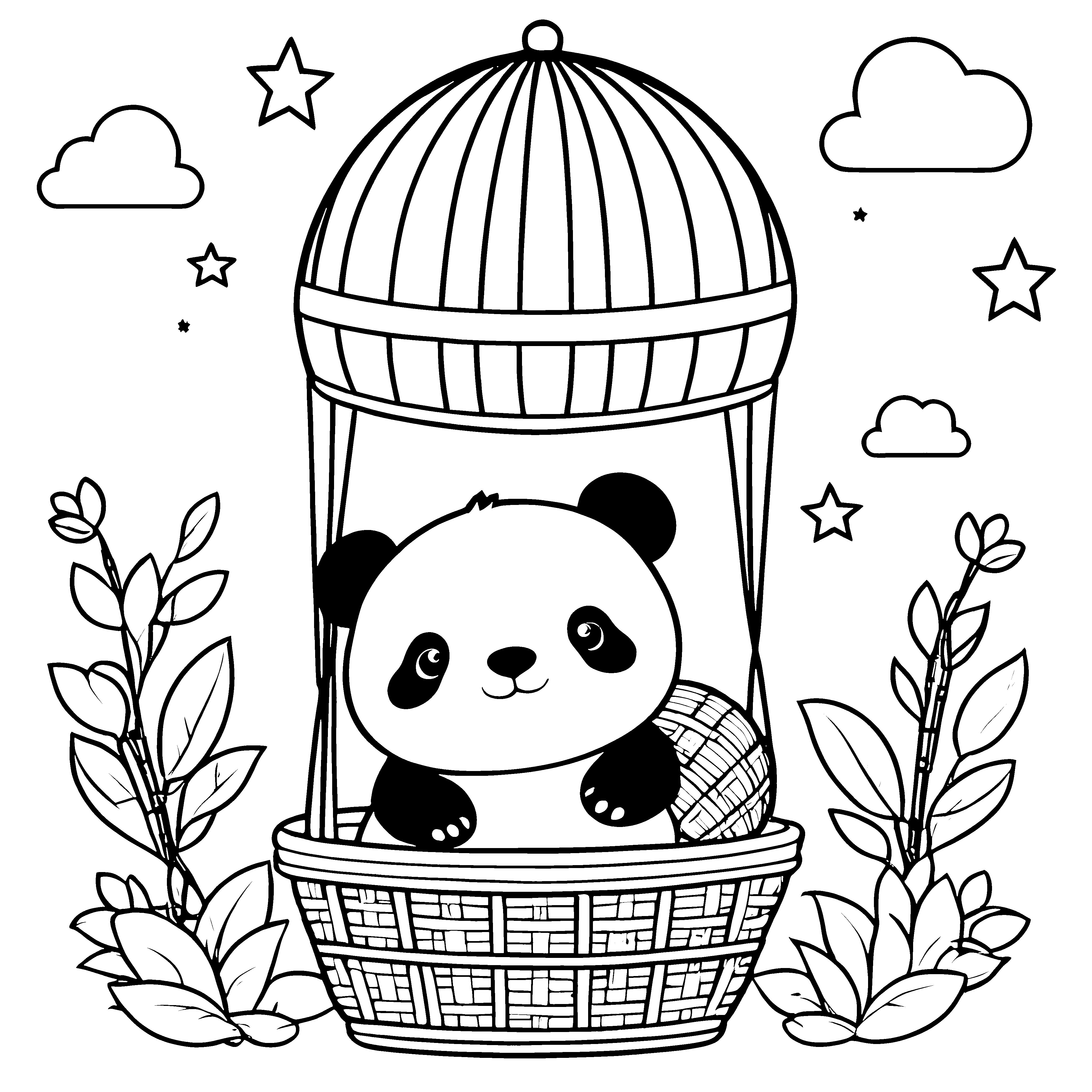 Verspielter Panda im Blumenkäfig Malbild für fröhliche Naturkinder