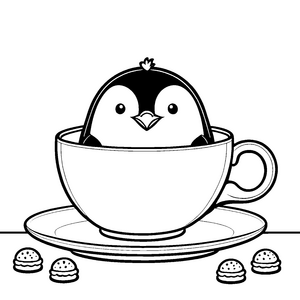 Behaglicher Kawaii-Pinguin in Teetasse mit Gebäck Ausmalvorlage für malfreudige Kaffeekränzchen