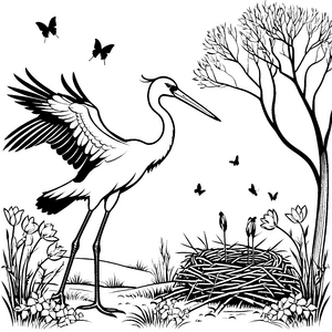 Majestätischer Storch am Nest mit Schmetterlingen Malbild für Blumenbegeisterte