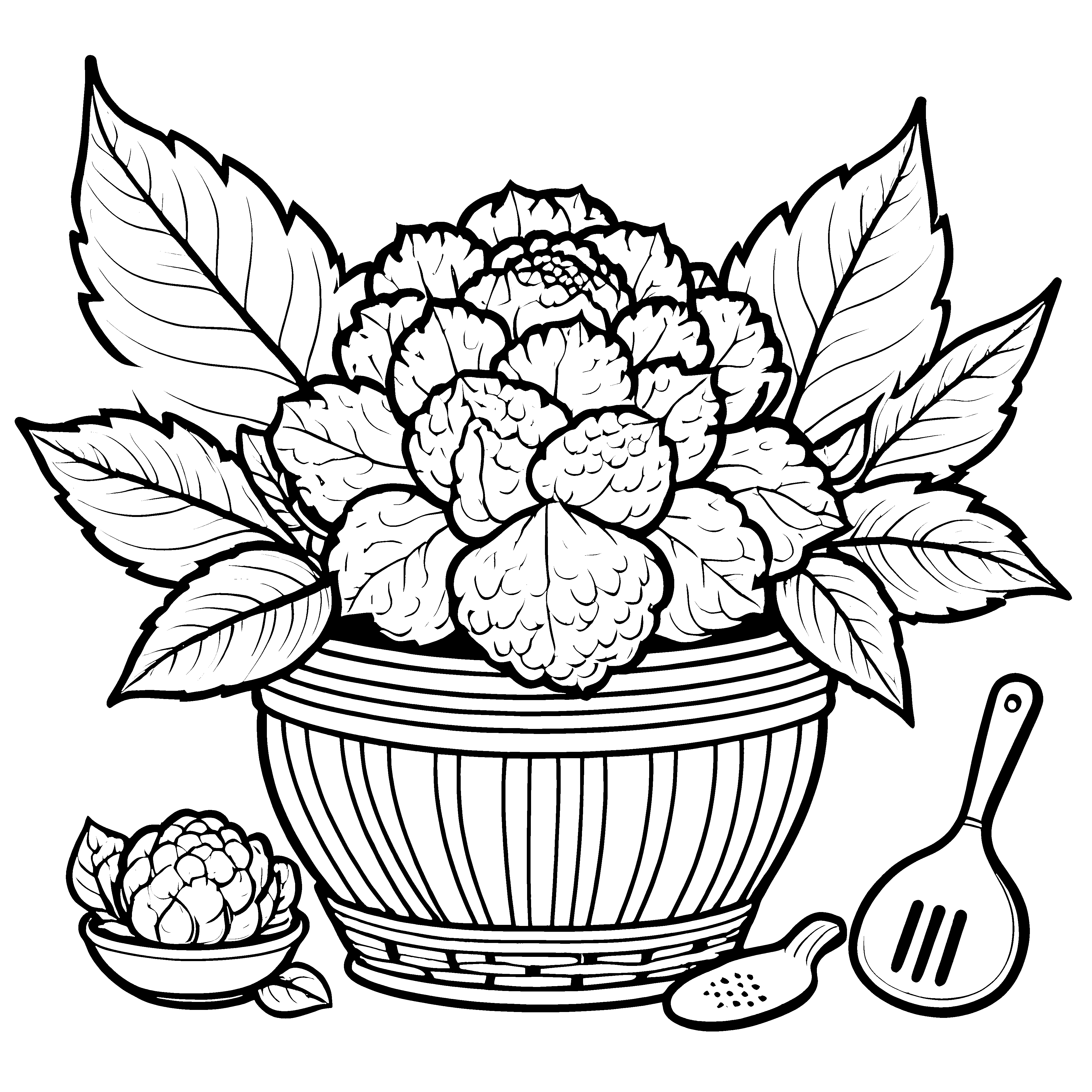 Strukturiertes Blumenkohl-Arrangement in der Schüssel Ausmalvorlage für kleine Kochprofis