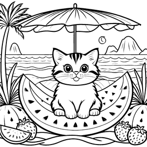 Süße Katze in Wassermelone Ausmalbild für junge Strandliebhaber