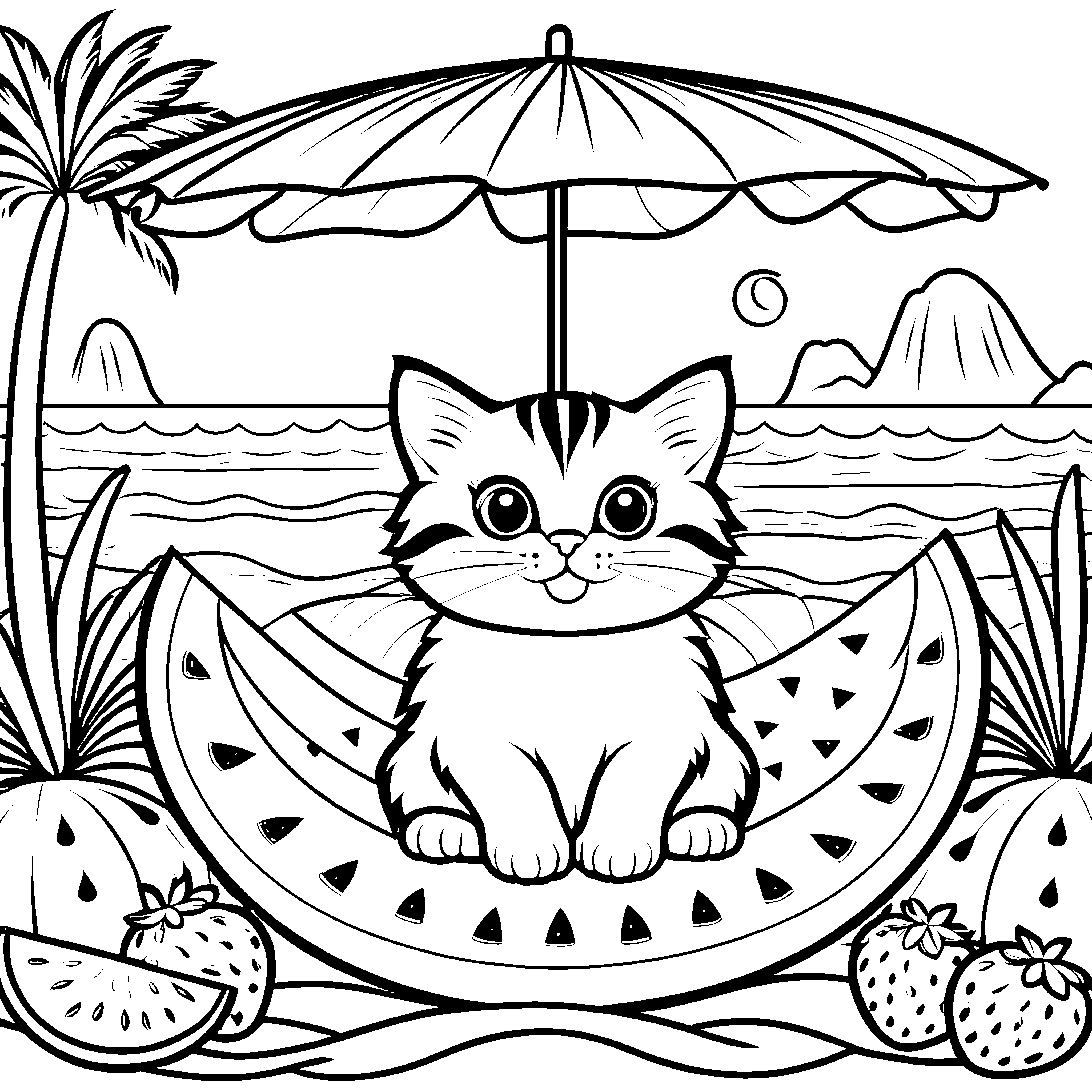 Süße Katze in Wassermelone Ausmalbild für junge Strandliebhaber