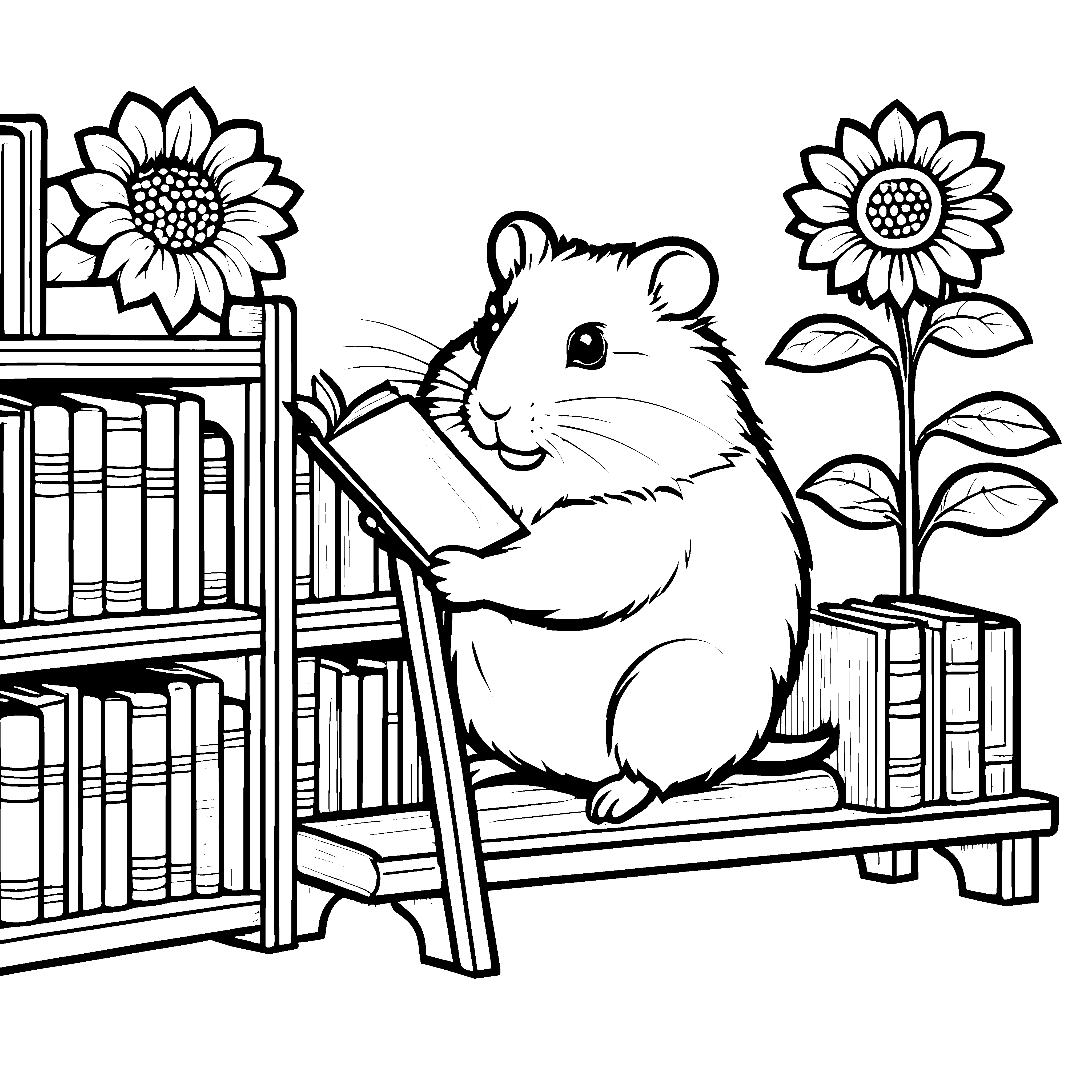 Lesender Hamster auf der Bank Malvorlage für kleine Buchwürmer