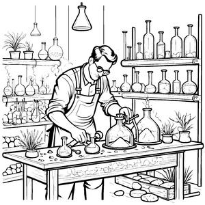 Begeisterter Alchemist mit Glasflaschen Ausmalvorlage für Laborpioniere