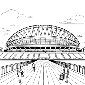 Imposantes Stadion mit bogenförmigem Dach Malbild für kleine Stadionbesucher
