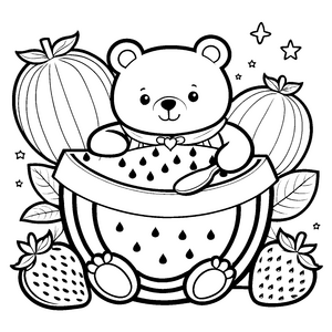 Süßer Kawaii Teddybär in Wassermelone Ausmalbild für malfreudige Obstliebhaber
