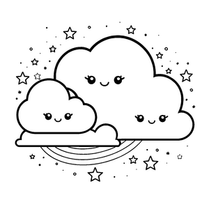 Zauberhafte Kawaii-Wolken mit Regenbogen-Ausmalvorlage für kleine Sternenjäger