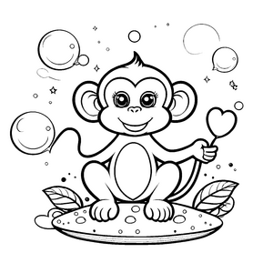 Liebevoller Kawaii-Affe mit Herz und Seifenblasen Malbild für malfreudige Träumer