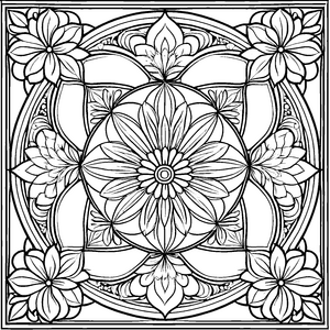 Prachtvolles viereckiges Mandala mit Blüten-Malbild für malfreudige Blütenkinder
