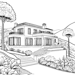 Imposante Villa mit Balkon Malvorlage für kleine Gartenfreunde