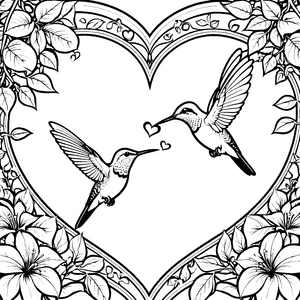 Liebevolle Kolibris im großen Herz Bastelvorlage für Blütenfans