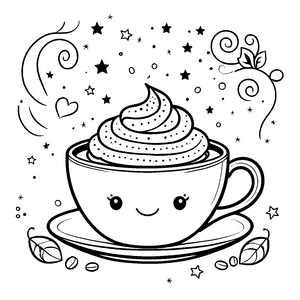 Fröhliche Kaffeetasse mit Sahnehaube Malbild für kleine Genießer