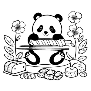 Süßer Panda mit Sushi Ausmalbild für mutige Essensfreunde