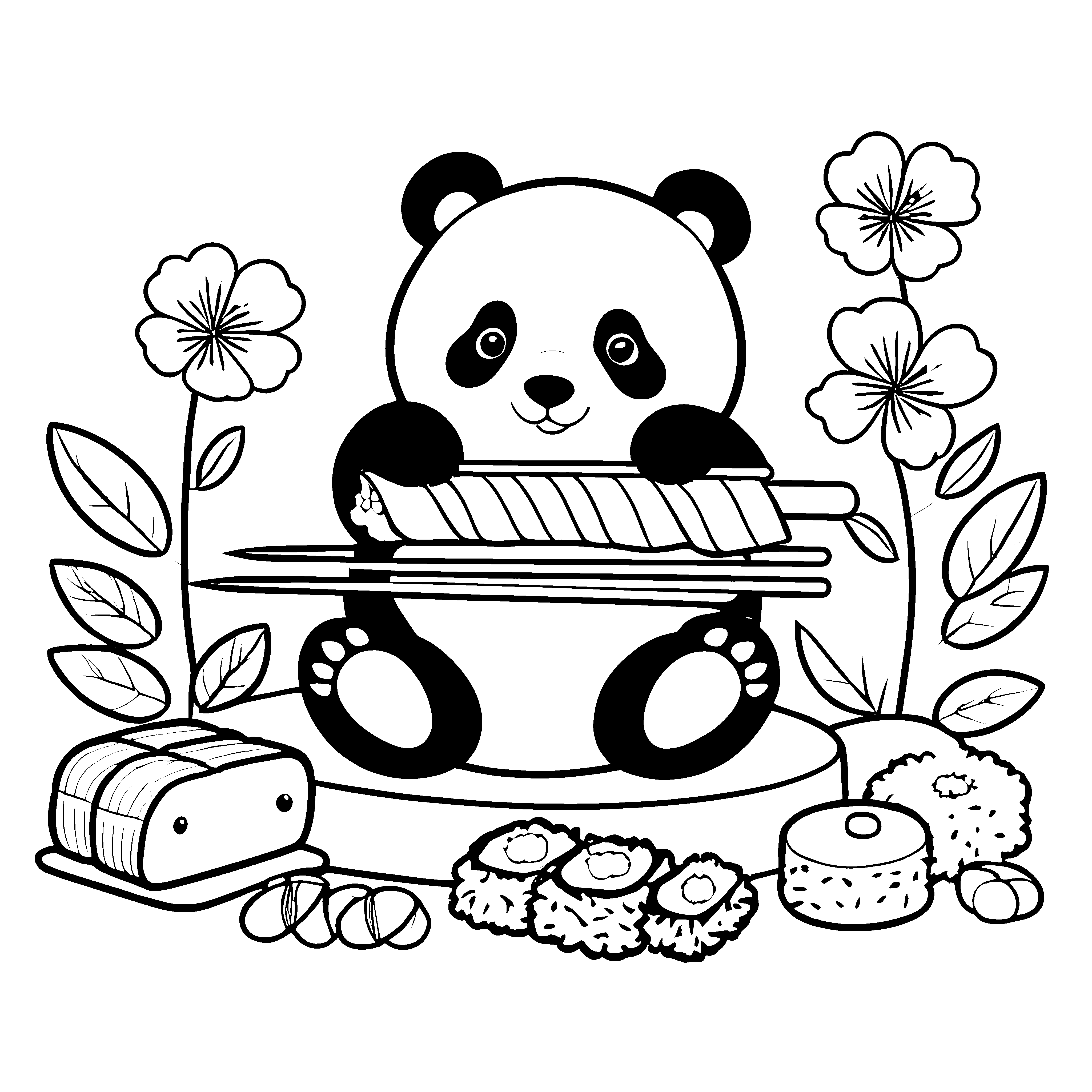 Süßer Panda mit Sushi Ausmalbild für mutige Essensfreunde