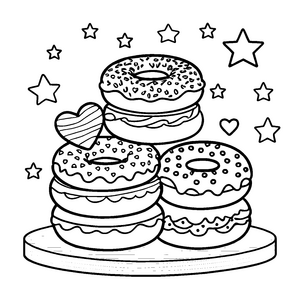 Leckere Kawaii-Donuts mit Herzen Ausmalbild für fröhliche Naschtiere